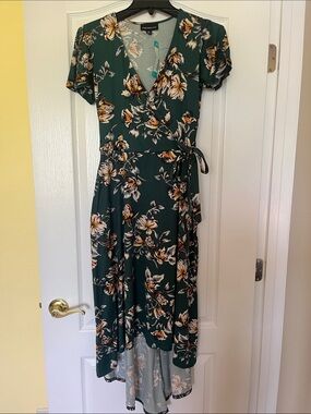 Dark Green Floral Wrap High-Low Dress with Tie Waist